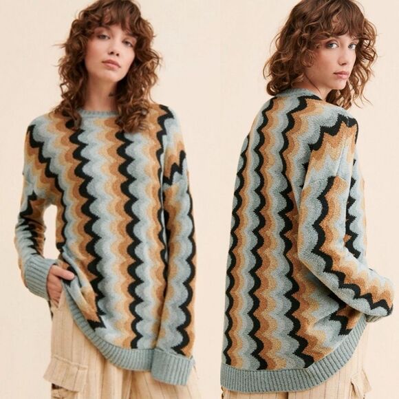 Show Me Your Mumu Retro Wave Oversized Knit Sweater Blue Tan Black | Medium - Picture 2 of 13